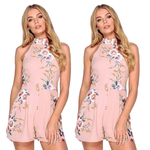 

women high neck floral mini playsuit ladies summer shorts jumpsuit, Black;white