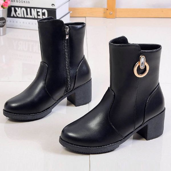 

youyedian women's winter boot zipper high wedge ladies boots solid buckle women's shoes square heel rubber boots bota feminina, Black
