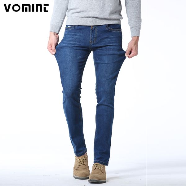 

vomint 2018 new men fashion jeans spliced leather stitching casual jeans high elasticity long trousers male pants, Blue