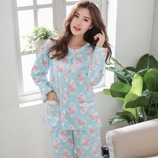 

plus size home service cardigan spring and autumn ladies cotton pajamas mom long sleeve suit summer thin printed pijama 2020, Black;red