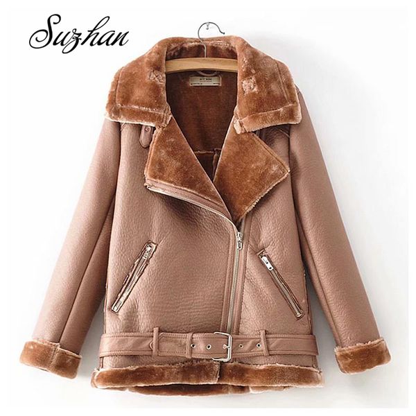 

women's leather & faux suzhan retro lapel and velvet padded fur one coat warm fashion pu lamb hair motorcycle clothing bomber jacket, Black