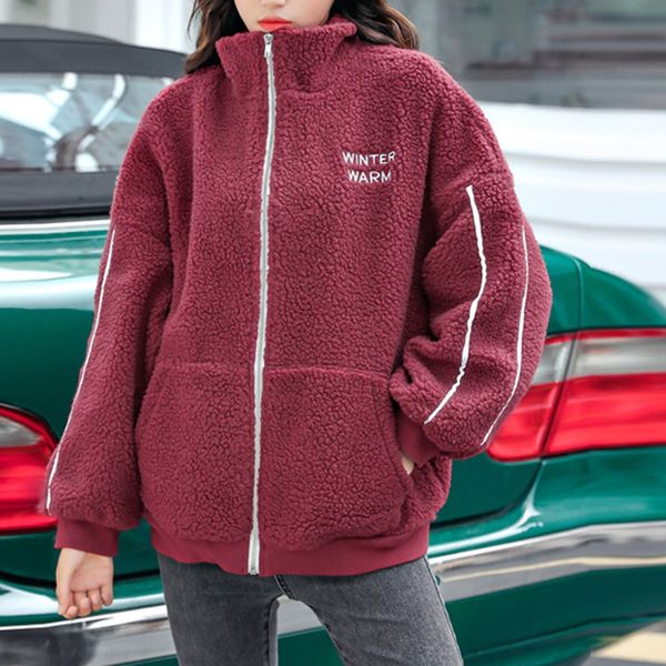 

women casual loose letter print pockets warm coat blouse casual plus size lamb winter faux fur coat female overcoat, Black