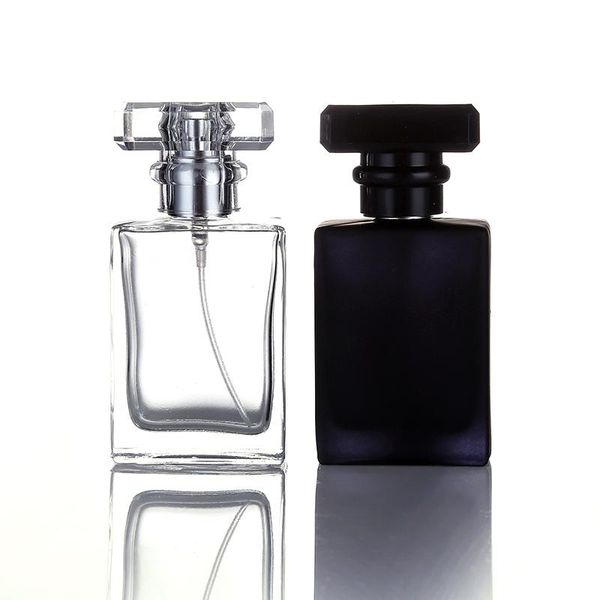 30ml portátil transparente e preto quadrado frasco de vidro frasco de frasco recarregável com aplicador de pulverização para viajante