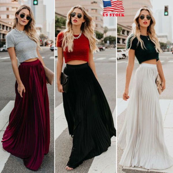 

2019 women's summer high waist maxi skirts pleated long casual a-line swing skirts, Black