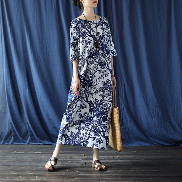 

women loose cotton linen summer dress ladies printed half sleeve dresses female 2020 robe dress, Black;gray