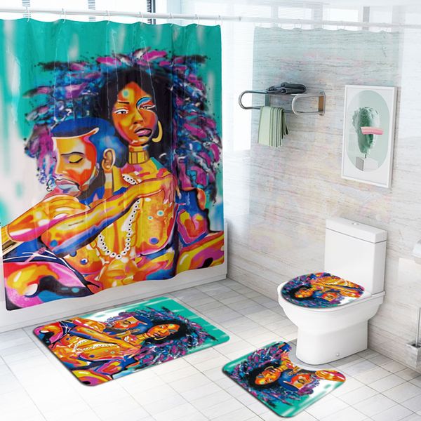 

4 pieces african couple shower curtain set with bath rug toilet lid cover