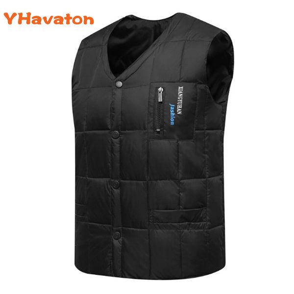 

white duck down vest men autumn winter warm sleeveless jacket v-neck button down lightweight waistcoat fashion casual male vest, Black;white