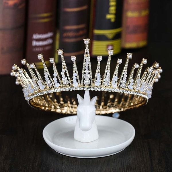 

vintage baroque large rhinestone bride hair ornaments crystal full round king queen crown tiara wedding bridal hair jewelry bh, Golden;white