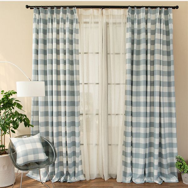 

japanese fresh korean pastoral minimalist cotton and linen size grid shading curtains for living dining room bedroom