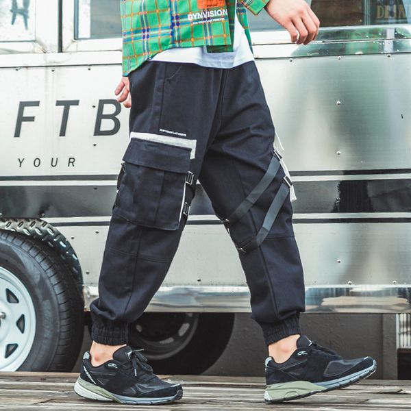 

januarysnow harajuku hip hip cargo pants streetwear mens harem pants joggers ribbon big pockets tactical pants cotton trousers casual, Black