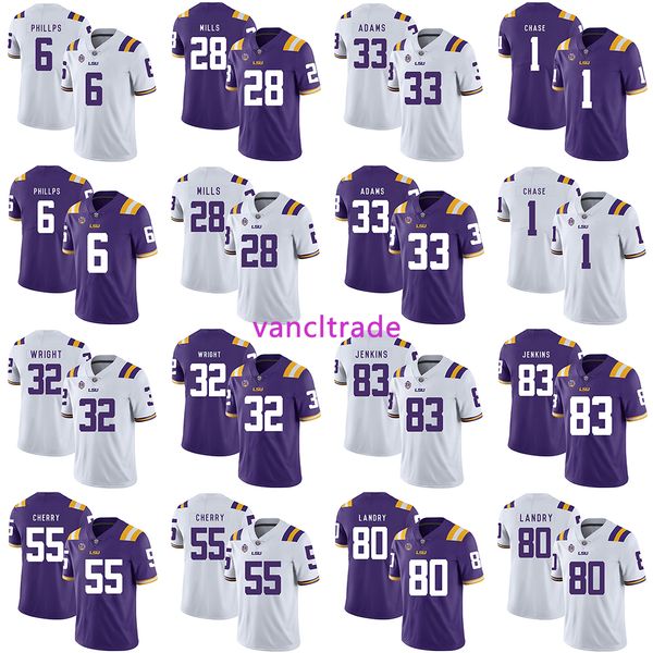 

2019 ncaa football lsu tigers 1 ja'marr chase 6 джейкоб филпс 28 джален миллс 33 джамал адамс 32 джеймс райт 83 джерси дженкинс трикотажные, Black;red