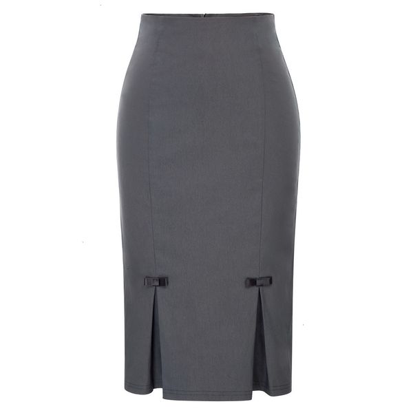 

women skirts pencil skirt women vintage bow knot decorated hips wrapped bodycon knee length skirt solid color classic work skirt, Black