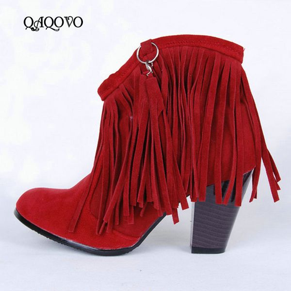 

spring autumn fringe ankle boots women shoes square high heel western boots slip on fashion women red gray black