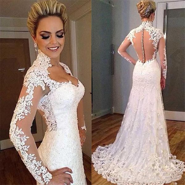 

illusion back v neckline bridal gowns fishtail long sleeve lace mermaid wedding dresses vestido de novia, White
