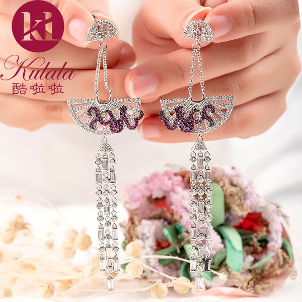 

europe and the united states high-end autumn and winter new micro-inlaid zircon fan scalloped earrings earrings long tassel earrings, Silver