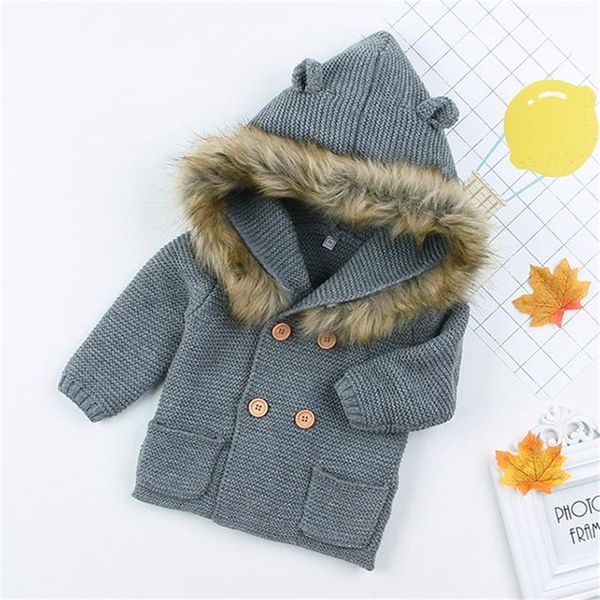 

fashion autumn winter baby sweater warm long sleeve sweater cute faux fur collar hooded coat knitted baby boys girls sweaters, White