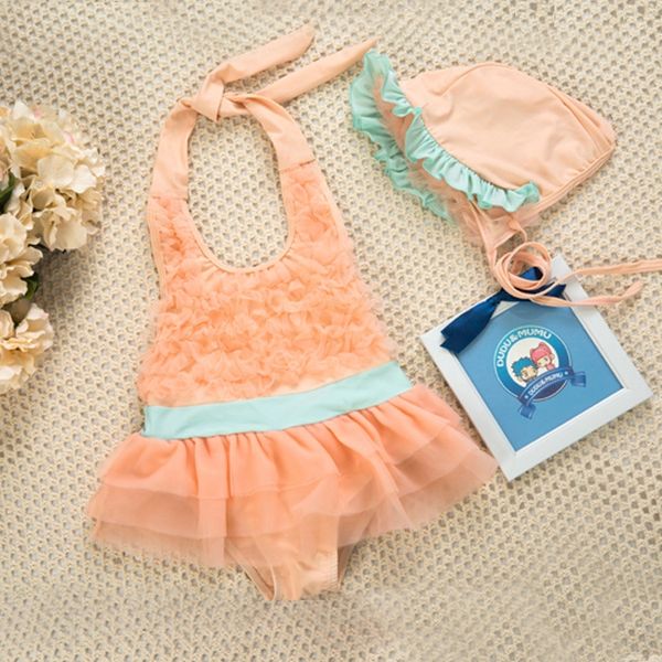

sweet children's swim swim girl infant baby girl's one-piece swimming suit spring swimming suit with hat, White;black