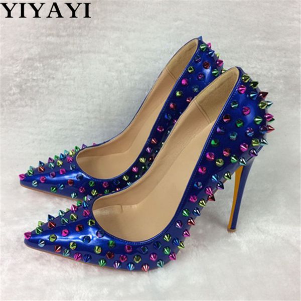 

yiyayi rivet studs pumps patent leather ladies shoes stilettos pointed toe party shoes black runway spike high heel