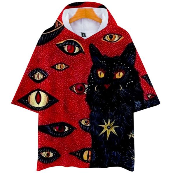 

мода hip hop cat pattern глаза кошки с коротким рукавом с капюшоном толстовка harajuku повседневный streetwear hip hop пуловер полиэстер тка, Black