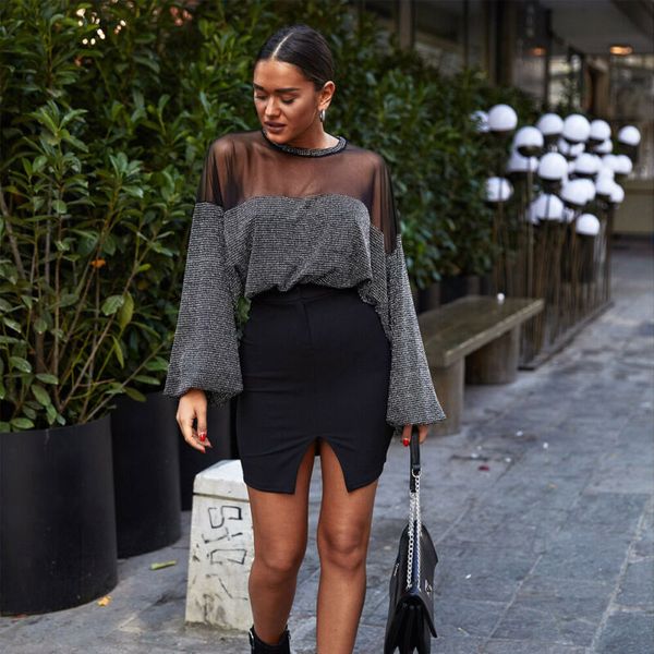

women ladies fashoion long puff sleeve t-shirts solid mesh patchwork o-neck loose casual slim pullover, White