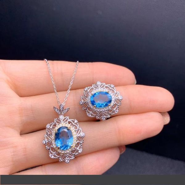

graceful blue gem ring z gemstone ring and necklace silver jewelry ocean blue color natural gem one set girl birthday gift, Black
