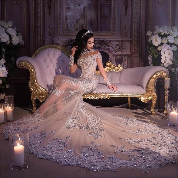 

gorgeous mermaid wedding dresses lace appliques sheer high neck bridal gowns with long sleeve appliques crystal wedding dress, White