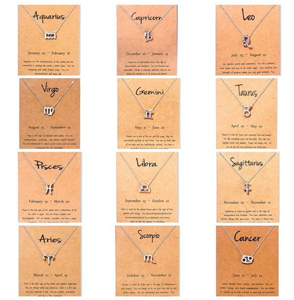 Hot 12 colares do zodíaco com cartão de presente constelação pingente correntes de prata colar para homens mulheres moda jóias a granel DHL grátis
