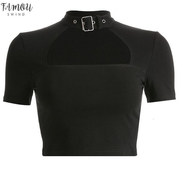 

summer harajuku punk sexy club gothic streetwear женщина футболки пляж гот повседневная ol дама стенд воротник hollow тонкой твердый женский, White