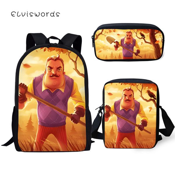 

elviswords children's school backpack hello neighbor print pattern school book bags cartoon little animal 3pcs set students bags