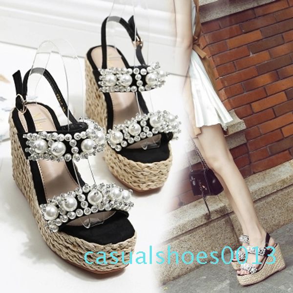

summer new symphony rhinestone handmade pearl wedge heel platform thick crust open toe high heel sandals. c13, Black