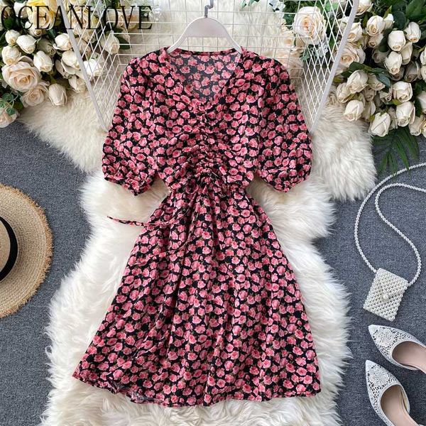 

oceanlove print vintage vestidos 2020 print korean high waist v neck summer dress a-line puff sleeve holiday dresses women 16685, Black;gray