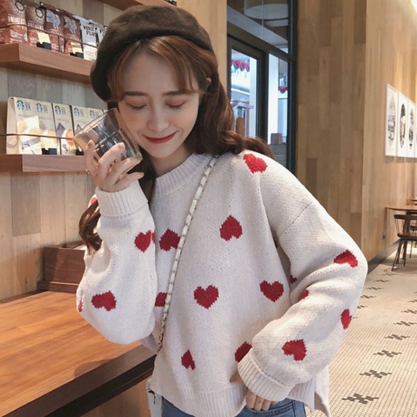 

women autum winter sweet sweaters fashion o neck long sleeve love heart loose pullovers female cute back long knitting jumper, White;black