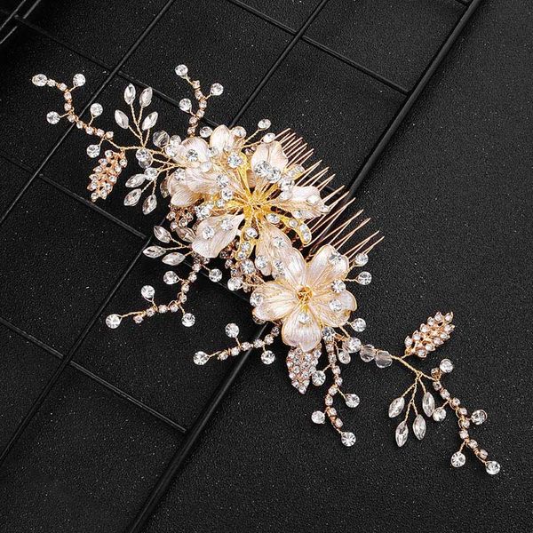 

luxury wedding hair jewelry handmade alloy flower gold hair comb crystal pins bridal clips accessories vl, Golden;white