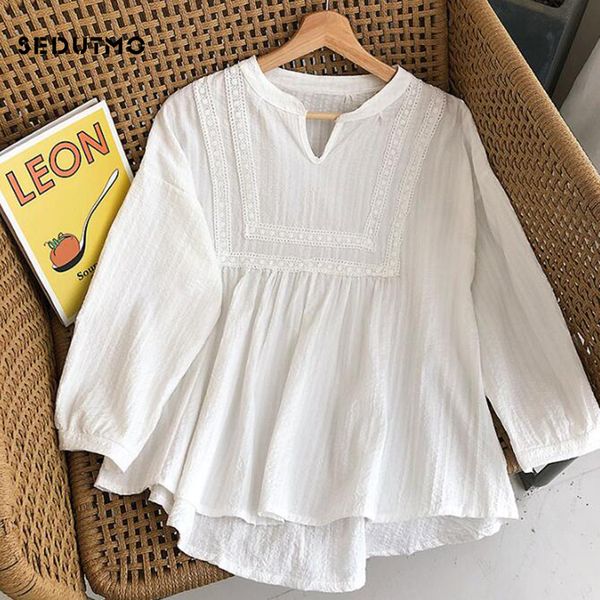 

sedutmo 2020 fashion lace women blouses cotton linen oversize shirt spring vintage long sleeve casual boho basic shirt, White