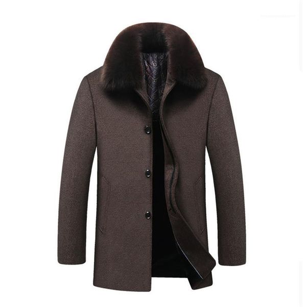 

sleeve lapel neck casual coats loose solid color business male outerwear winter men blends woolen thick long, Black