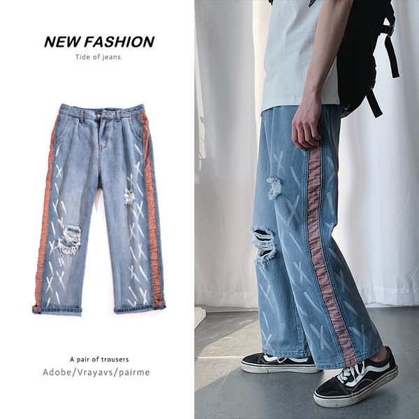 

men's jeans 2020 spring and summer new hole color matching jeans hip hop young personality personality fashion men's clothing, Blue