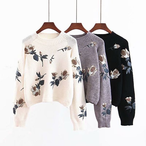 

autumn winter knitted flower embroidery pullover sweater women harajuku casual warm oversized sweater jumper knitted z22, White;black