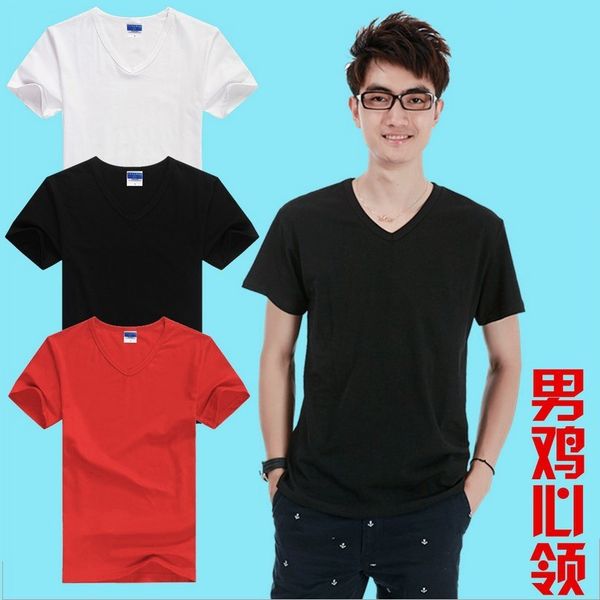 

men's pure cotton v-neck blank t-shirt thermal transfer pyrography for advertising shirt printed words solid color short-sleeved, White;black