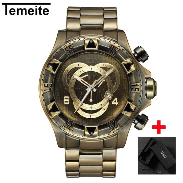 Relogio Top Marke Luxus Mode TEMEITE Retro Bronze Quarz Uhren Männer Uhr Army Military Armbanduhren Wasserdichte Männliche Uhr