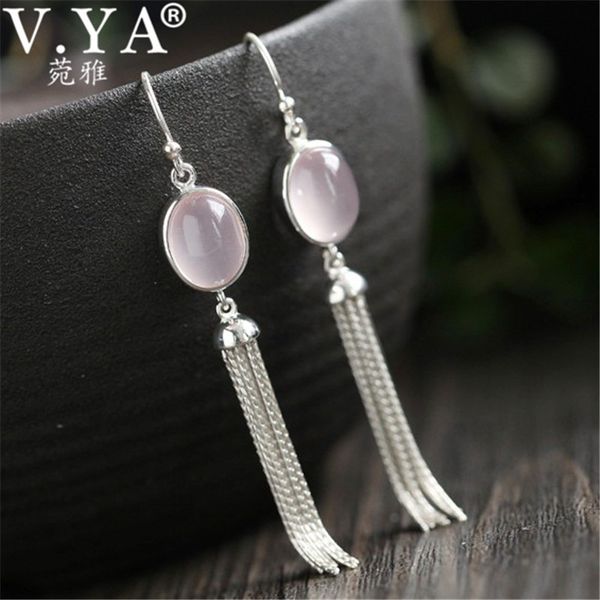 

v.ya natural ross quartz pink stone earrings dangles 925 sterling silver long earrings jewelry for women gifts
