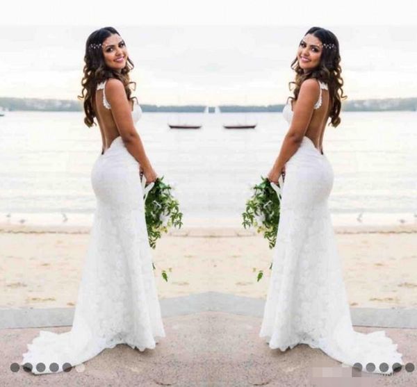 

backless full lace wedding dresses mermaid spaghetti straps appliqued sweep train custom made wedding gown vestido de novia, White