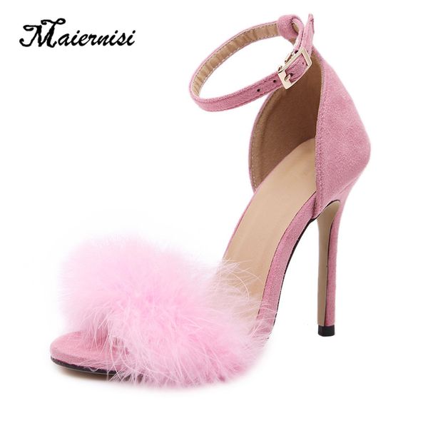 

maiernisi plus size women sandals peep toe pumps ladies summer shoes 11cm thin high heels woman ankle strap sandals fun fur, Black