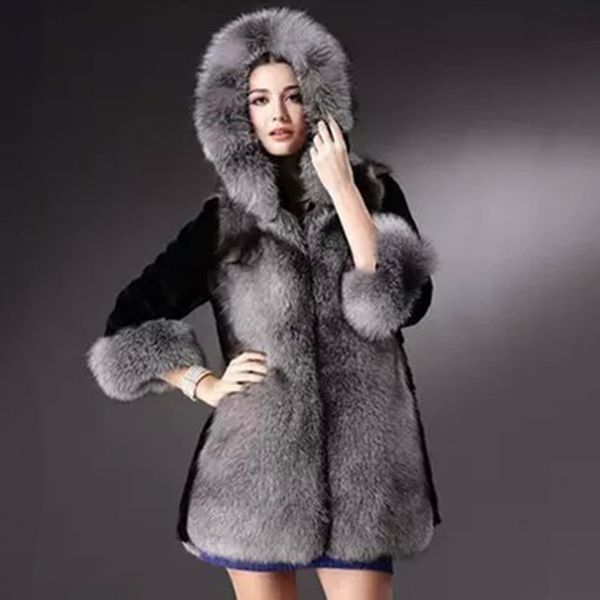 

devolove 2018 winter new fuax шуба женщины high end сгущает с капюшоном элегантная мода тонкий леди куртка утепленная плюс размер ba0594, Black
