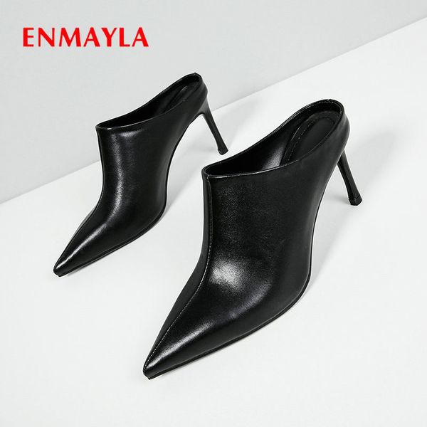 

dress shoes enmayla 2021 slip-on party novelty mules thin heels pointed toe women high heel genuine leather pumps, Black