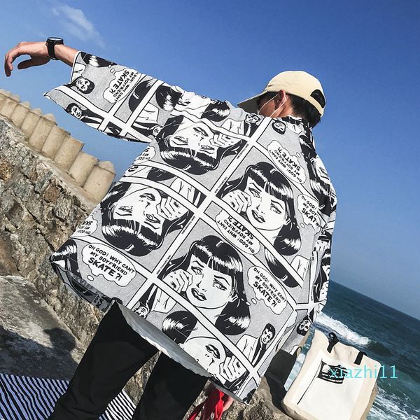 Fashion-#4260spring Männliches Hemd Kimono Lustiger Druck Herrenhemden Baumwolle Offener Stich Lässige Lose Dreiviertelhülse Harajuku Outwear Top