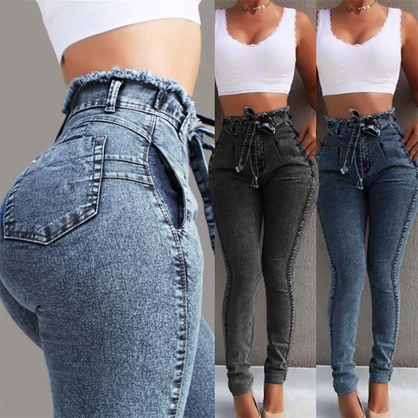 

high waist jeans women streetwear bandage denim plus size jeans femme pencil pants skinny woman, Blue