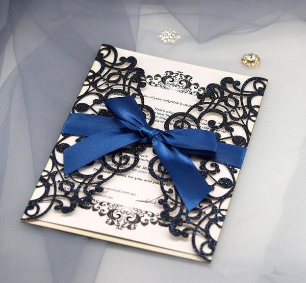

Dark navy shiny Glitter Laser Cut Invitations Cards With Beige Ribbons For Wedding Bridal Shower Engagement Birthday Graduation