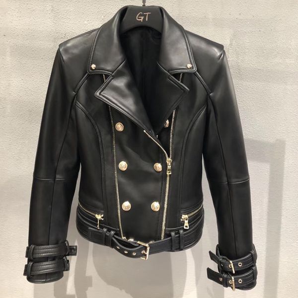 

genuine/real leather jacket women jaqueta feminina couro double-breasted short slim sheep skin coat femal 2019 autumn streetwear, Black