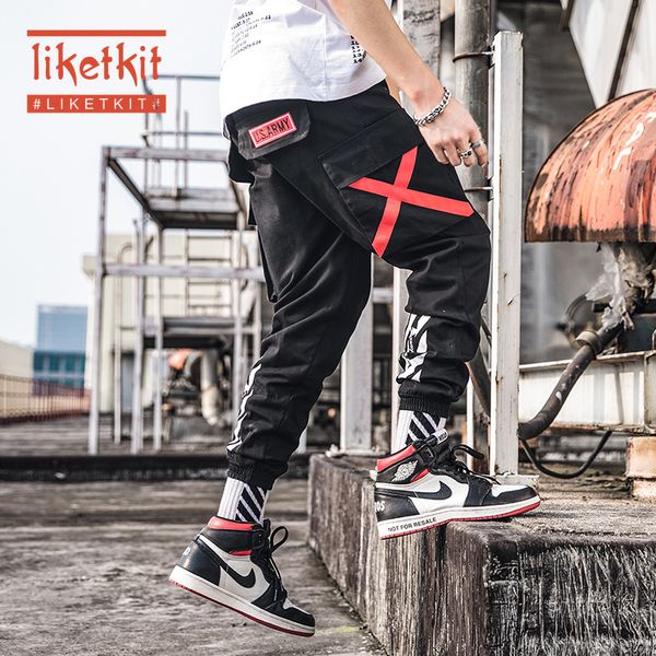 

liketkit mens cargo pants streetwear new 2020 camouflage pockets hip hop joggers pants male loose harajuku korean camo trousers, Black
