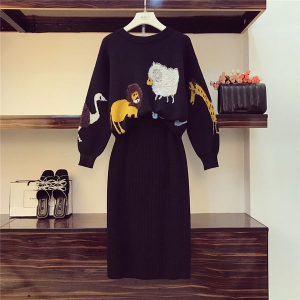 

women's cartoon sweater sweet style 2pcs suits o-neck long sleeve embroidery knitted pullovers+knee-length split mini skirt sets, White
